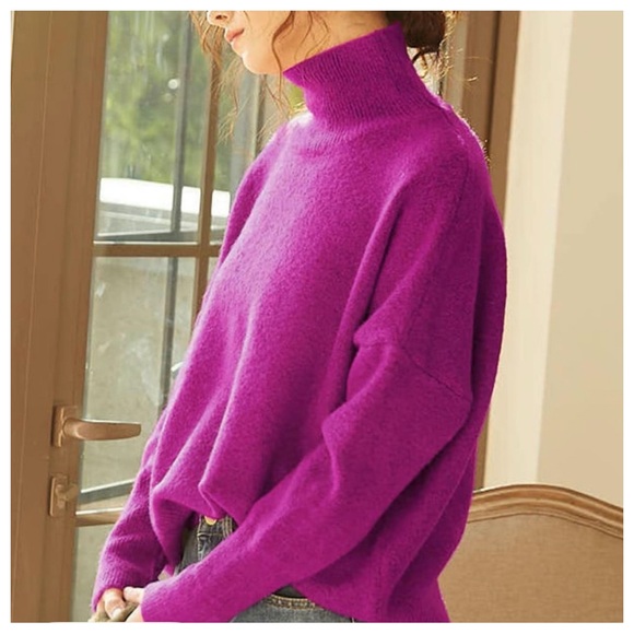 KNIT MIX Boxy Mock Turtleneck Sweater in Raspberry SIZE LARGE - Picture 3 of 14